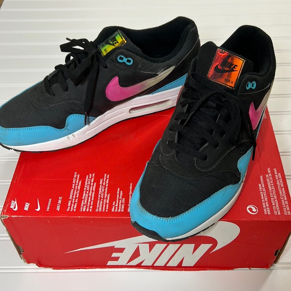 Nike Men's Air Max 1 Black/Laser Fuchsia/Blue Fury CI2450-001 Size 13 used